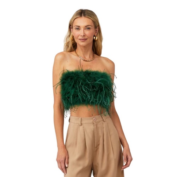 NWT LaMarque Zaina Ostrich‎ Feather BustierTop Bottle Green XS $275